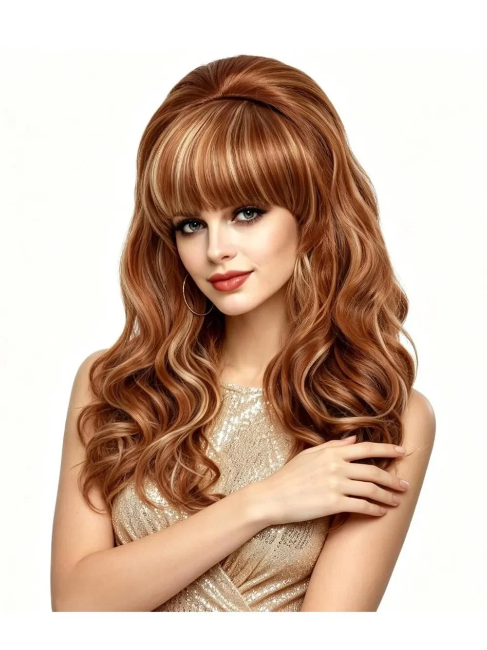 Women's Ginger Blonde Heat Resistant Synthetic Fiber Retro Long Wavy Wigs Bangs